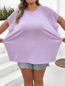 SHEIN CURVE+ Plus Size Color Block Lace Splicing Short Sleeve T-Shirt, Suitable For Beach Vacation In Summer Boho Vacation - Mauve Purple - View 6