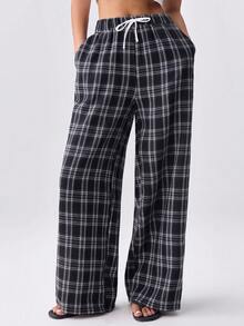Loungeista Women's Plaid High Waist Drawstring Wide Leg Pants, Loose Fit, Suitable For Outdoor Wear, Spring/Summer/Autumn - Black and White - View 1