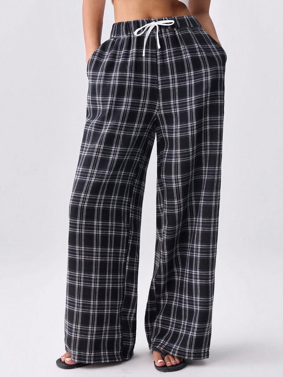 Loungeista Women's Plaid High Waist Drawstring Wide Leg Pants, Loose Fit, Suitable For Outdoor Wear, Spring/Summer/Autumn - Black and White - View 1