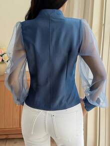 Livesso Áo denim nữ thời trang tay lưới - trắng - Xem 2