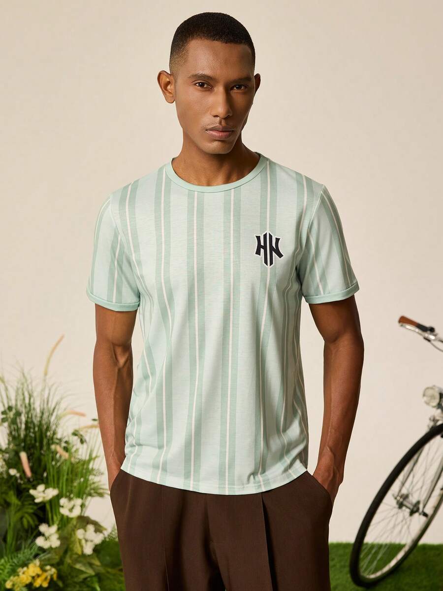 Tonviero Men's Round Neck Striped Letter Print Casual Versatile Commuting Short Sleeve T-Shirt - Multicolor - View 1