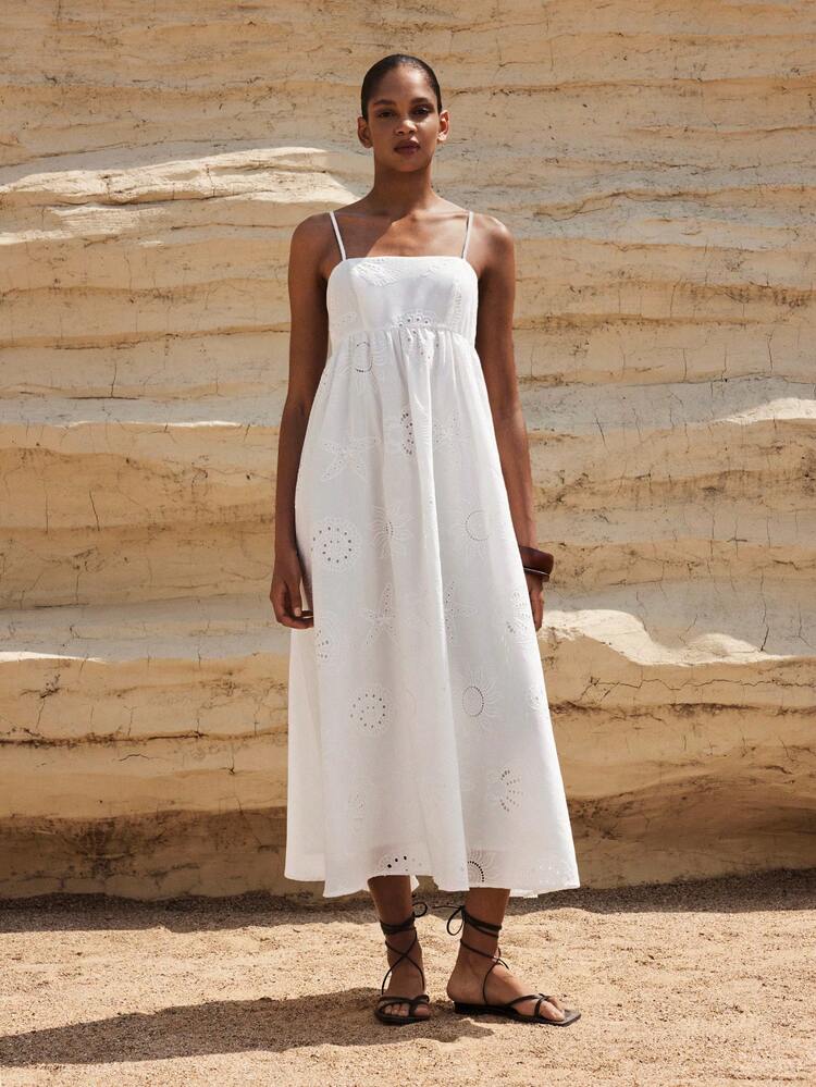 SHEIN Maija Women's Ocean Embroidered Dress,White Summer Boho Holiday Vacation Holiday Outfits For Women,Vintage Old Money Elegant Casual Dress