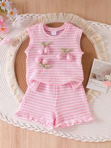 SHEIN Elladie kids Young Girls Pink Jacquard Knit Sleeveless Top And Shorts Set, Casual Minimalist Daily Outfit For Summer - Pink - View 7