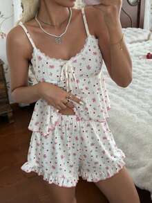 CottageSlumber Lace Trim Ditsy Floral Knit Camisole & Shorts Pajama Set For Women - Apricot - View 5