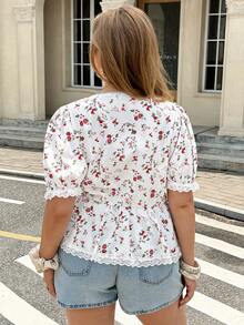 Easura Plus Size Women's Elegant Curve Kawaii Casual Ditsy Floral V-Neck Puff Sleeve Cinched Waist Loose Blouse, Versatile Summer Shirt Vacation White - Apricot - View 2