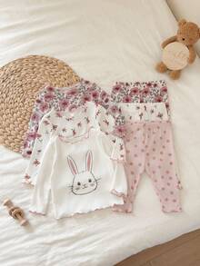 6-Piece Newborn Baby Girl Cute Casual Knitted Polka Dot Pattern Pink Long Sleeve Set For Spring, Autumn And Winter - Multicolor - View 1