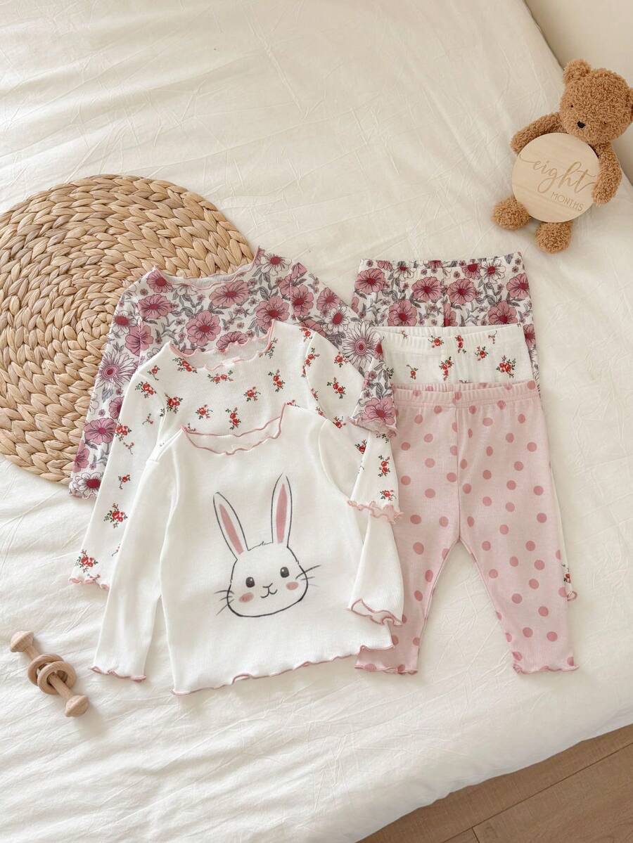 6-Piece Newborn Baby Girl Cute Casual Knitted Polka Dot Pattern Pink Long Sleeve Set For Spring, Autumn And Winter - Multicolor - View 1