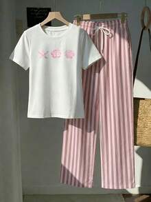 Comfortcana 两件套女士休闲裤装——粉色条纹长裤搭配海洋贝壳印花T恤，夏季度假穿搭，甜美可爱风，Y2K复古风，适合西部音乐节和海滩穿着。 - 彩色 - 查看 5