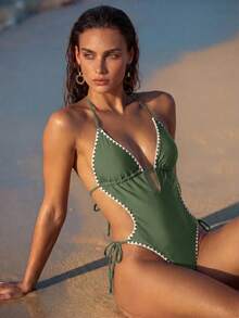 Swim Chiccia 2026ss 棕色亮面貝殼飾邊優雅性感度假休閒海灘海邊女款連身泳衣 - Fresh Green - 查看 4