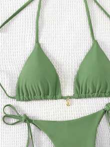 Swim Basics 2025 Solid Color Halter Knotted Split Bikini Swimwear - Green - View 4
