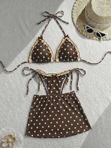 Swim Mod Polka Dot Print Spaghetti Strap Halter Bikini Top With Tie Side Bottoms And Mini Skirt 3-Piece Swimwear Set - Multicolor - View 4