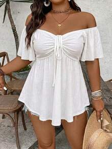 SHEIN VCAY Áo thun nữ cỡ lớn kiểu dáng bohemian, trễ vai, có dây rút, nhiều màu sắc, thích hợp cho đi biển, Ngày của Mẹ, kỳ nghỉ, áo mùa hè. - trắng - Xem 4