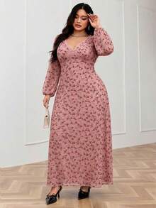 Feyla Plus Size Floral Print V-Neck Lace Patchwork Elegant Long Sleeve Dress Fall - Pink - View 3