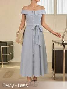 DAZY Vestido Azul Listrado Sem Alças com Laço, Sem Mangas, Adequado para Vestidos de Verão Primavera e Verão para Mulheres - Azul - Visão 1