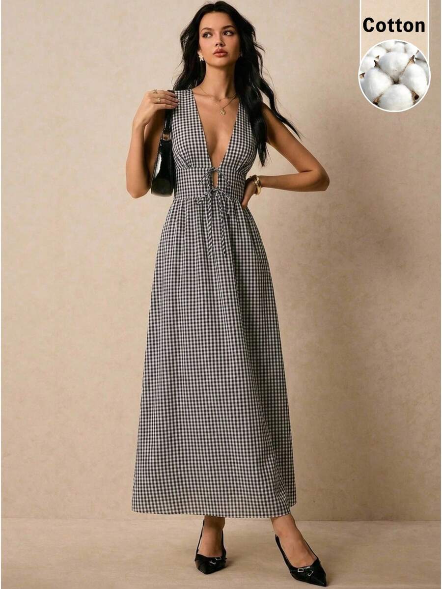 Poéselle Vestido de verano con estampado, de escote en V profundo y sin mangas, para vacaciones en la playa - Blanco y Negro - Ver 1
