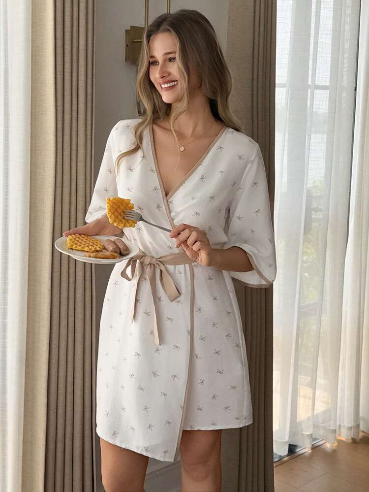 Bow Decor Contrast Trim Loose Long Robe, Women Summer Sleepwear