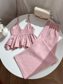Elamini Damen Set: Trägershirt, strukturierte Patchwork-Optik, gerade Hose mit Kordelzug und Taschen - Pink - Übersicht 2