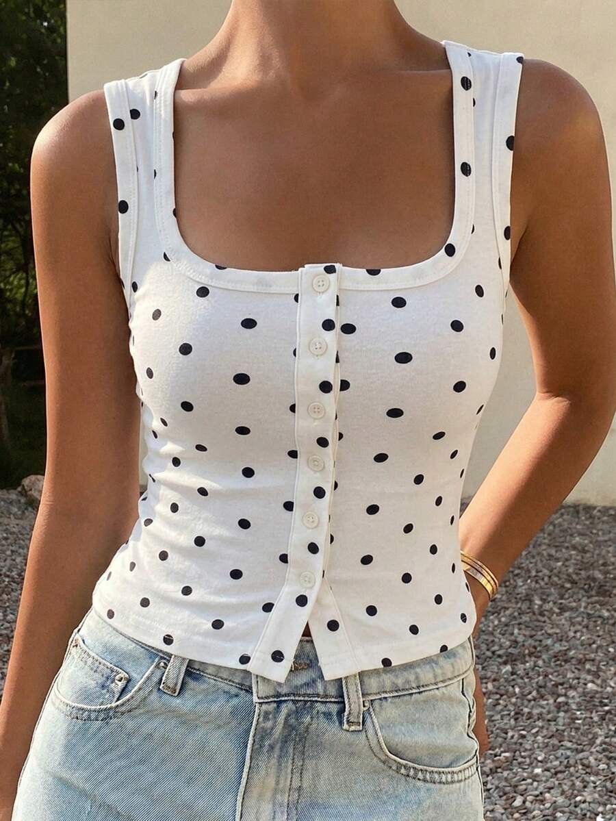 DAZY Women's Square Neck Fitted Ribbed Camisole Top, Summer Top - Black and White - View 1