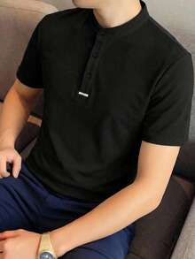 SHEIN 青少年男童休闲条纹撞色针织宽松 Polo 衫 - 黑色 - 查看 6