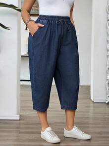 SHEIN CURVE+ Plus Size Summer Casual Business Casual Drawstring Waist Slant Pocket Denim Jeans Dates Date Night Navy Blue - Dark Wash - View 5