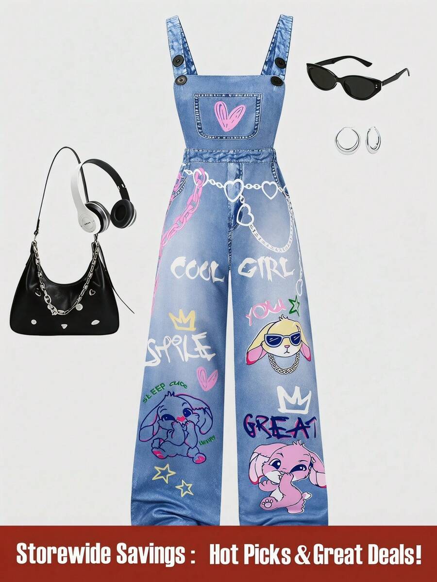 SHEIN Explorewe 少女针织星形印花背带裤，时尚返校季单品，春、夏、秋季个性服饰 - 藍色 - 查看 1