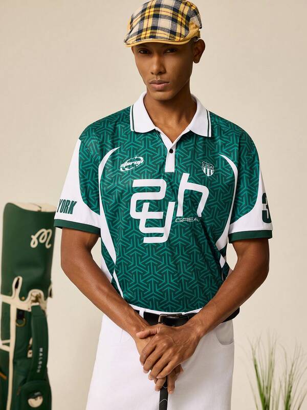 Tonviero Polo de manga corta para hombre con bloqueo de color e impresión de letras, de verano