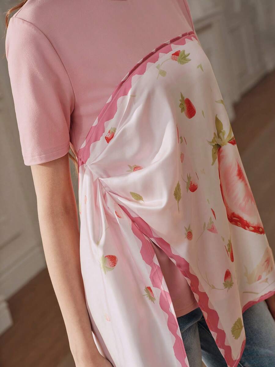 Anewsta Asymmetrical Tie Strawberry Print T-Shirt, Summer - Pink - View 1