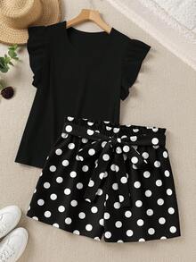 EMERY ROSE Plus Size Round Neck Cap Sleeve Ruffle Trim Summer Casual Smart Casual Top And Black And White Shorts 2 Piece Set Holiday Vacation - Multicolor - View 1