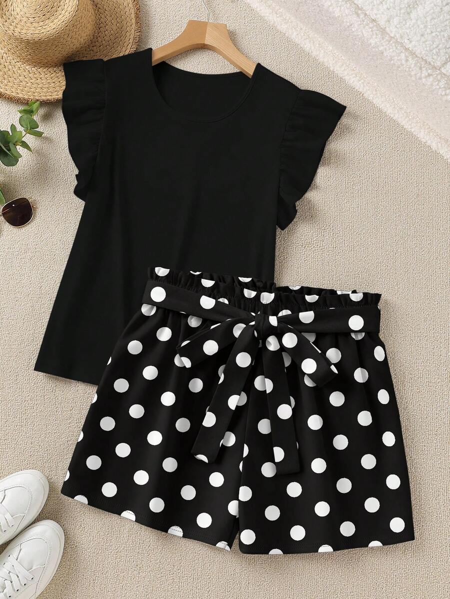 EMERY ROSE Plus Size Round Neck Cap Sleeve Ruffle Trim Summer Casual Smart Casual Top And Black And White Shorts 2 Piece Set Holiday Vacation - Multicolor - View 1