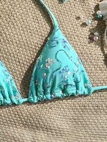 Costavie Random Gold Shell Print Halter Neck Triangle Cup Sexy Swimwear Top For Summer Vacation - Mint Blue - View 3