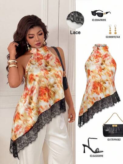 Femmeverse Áo không tay cổ yếm chấm bi bất đối xứng viền bèo nhún thời trang dành cho nữ cỡ lớn