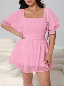 Solflare Plus Size Women Solid Color Square Neck Raglan Sleeve Casual Jumpsuit - Pink - View 4