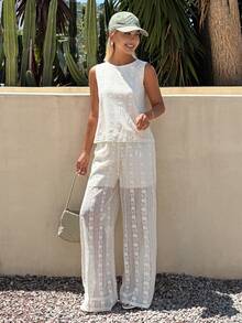 Livesso Bộ đồ đi biển 2 món dành cho nữ: Áo tank top cổ tròn và quần dài, kiểu dáng thường ngày. - trắng - Xem 2