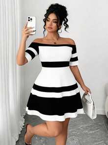 SHEIN CURVE+ Plus Size Black And White Elegant Casual Retro Striped Off-Shoulder Short-Sleeved A-Line Midi Dress Summer Wedding Formal Wedding Guest Bridal Shower - Black and White - View 6
