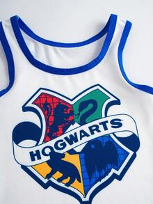 HARRY POTTER X SHEIN Bộ áo ba lỗ cổ tròn in họa tiết đồ họa viền tương phản và quần boxer brief cho bé trai, mùa hè - trắng - Xem 3