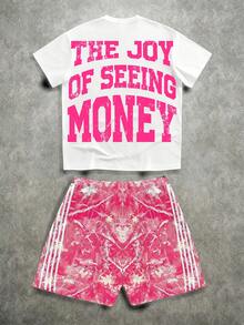 Manfinity ZONE917 Set Kaos Lengan Pendek Pria Kasual Fashion Street dengan Cetakan Huruf Personal dan Celana Pendek Pinggang Serut Samping Bergaris Kontras, Musim Panas, Liburan - Hot Pink - View 9