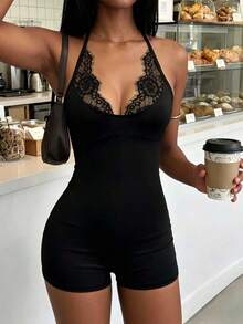 INAWLY Bộ jumpsuit ren cổ yếm ôm sát gợi cảm mới dành cho nữ mùa hè - màu đen - Xem 6