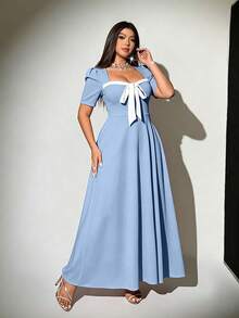 Viva Relle Plus Size Square Neck Twist Color Block Elegant Short Sleeve Dress - Baby Blue - View 4