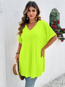 EMERY ROSE Camiseta de cuello en V minimalista de unicolor talla grande, para uso diario - Amarillo - Ver 5