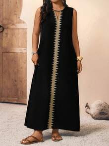 EMERY ROSE Plus Size Women Woven Tape Splice Loose Sleeveless Dress - Black - View 6