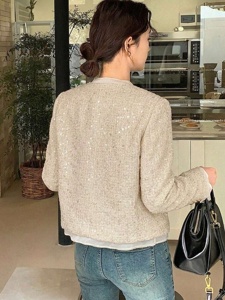 Women's Elegant Commuter Sequin Cropped Jacket Summer Business Casual Woman
