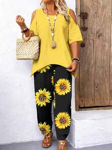 EMERY ROSE 2pcs Plus Size Off Shoulder Short Sleeve Top And Casual Loose Comfortable Pants Set, Plus Size Printed Set, Plus Size 2pcs Set - Multicolor - View 3