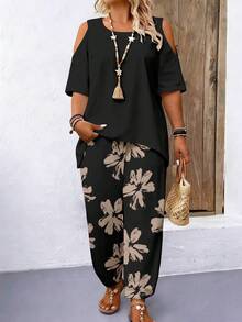 EMERY ROSE 2pcs Plus Size Off Shoulder Short Sleeve Top And Casual Loose Comfortable Pants Set, Plus Size Printed Outfit - Multicolor - View 1