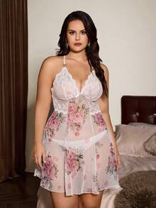 Slumberist Plus Size Sexy Sheer Floral Mesh Robe With Lace Trim Lightweight Nightgown Set With Belt - White - View 3
