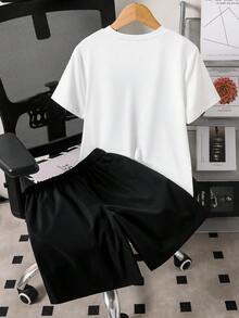 Mirajuku 2pcs/Set Boys' Casual Street Vintage City Graphic T-Shirt And Woven Shorts Set, Fashionable For Daily, Commute And Sports Wear - Black and White - View 3