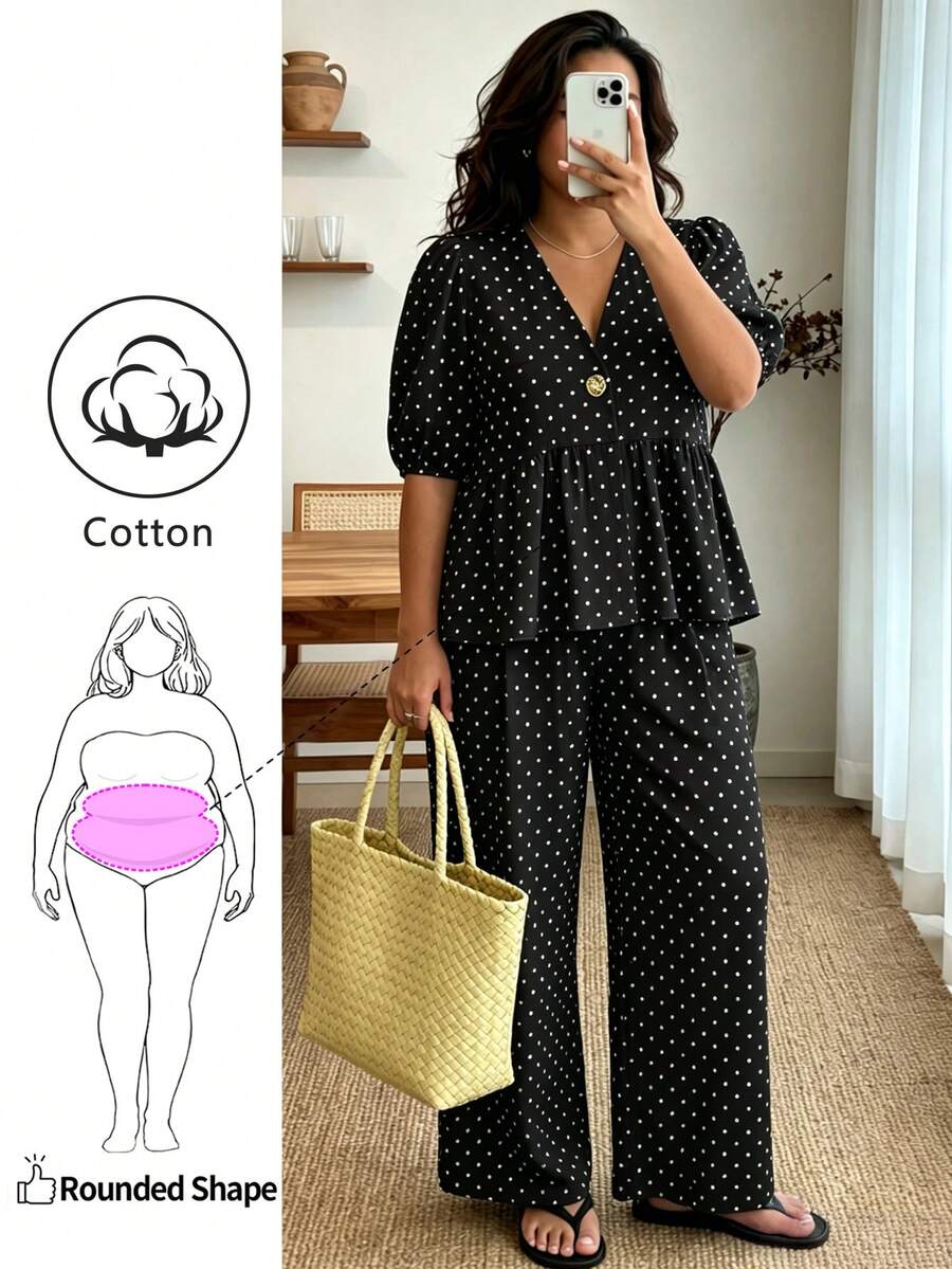 Enliva Plus Size Women's Polka Dot Ruffle Puff Sleeve 2 Piece Set, V-Neck Top With Elastic Waist Pants, Suitable For Apple And Curvy Figures - Multicolor - View 1