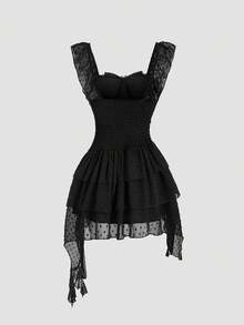 Sweetra Vestido Feminino Preto com Poá, Verão, Gótico, Festa de Aniversário, Feriado, Doce, com Alças com Babados, Saia de Tule Assimétrica em Camadas, Gola Quadrada e Cintura Marcada - Preto - Visão 2