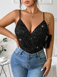 Cravure Plus Size Women Metallic Foil Strap Crisscross Waist Flattering Bodysuit - Black - View 7