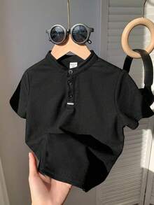 SHEIN 青少年男童休闲条纹撞色针织宽松 Polo 衫 - 黑色 - 查看 7