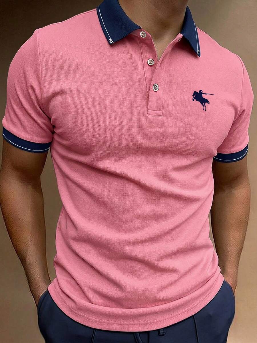 Manfinity Homme Men's Business Casual Knight Pattern Print Short Sleeve Button-Up Polo Shirt - Hot Pink - View 1